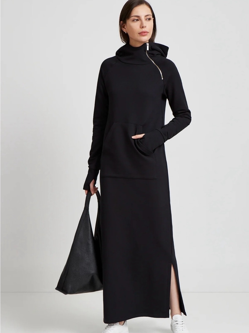 Black Hooded Maxi Dress with Kangaroo Pocket